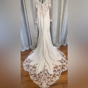 Allure 3409 crepe fit and flare wedding dress with lace train